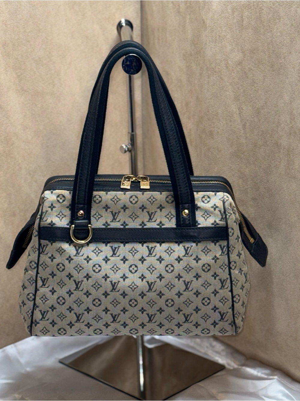 Louis Vuitton Mini Lin Navy Canvas Satchel Bag Gold Hardware Top Handle